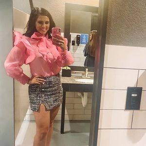 Pink and black tweed skirt.